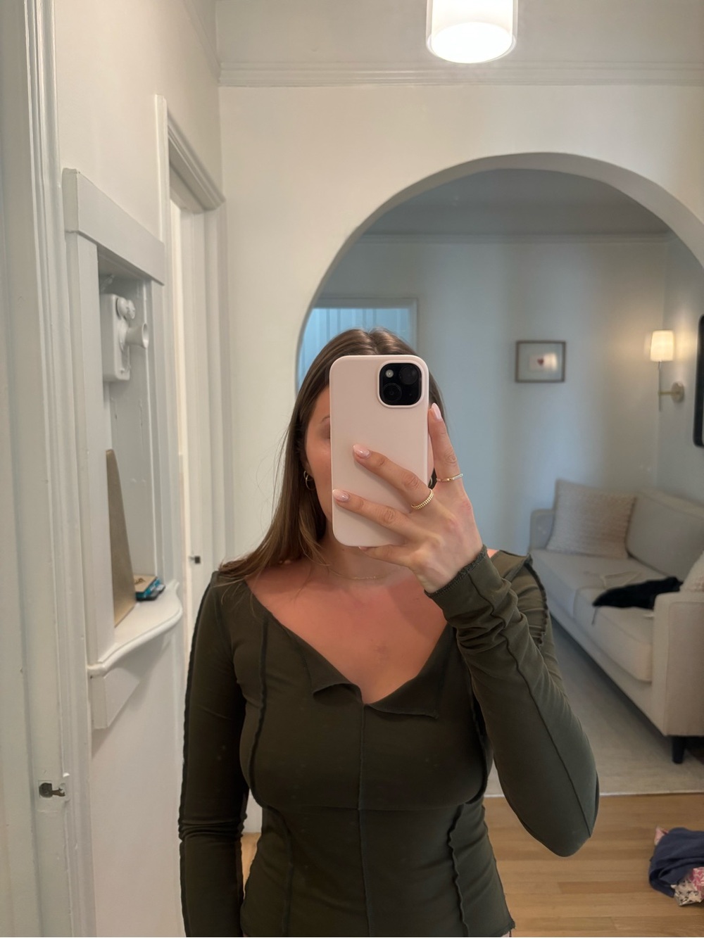 Olive Green Long Sleeve Seam-Detail Top